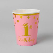 Бумажные стаканчики "1 день рождения", 8 шт (розовый/золотой)