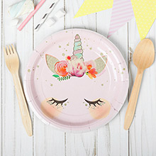 Бумажные тарелки "Единорог-цветочный", нежно-розовый, (10 шт)
