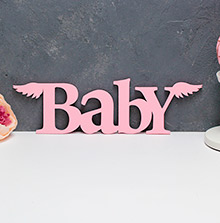 Слово из дерева для фотосессии и декора "Baby, крылья" (розовый)