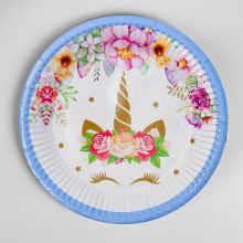 Праздничные бумажные тарелки "Единорог-цветочный", бело-голубой, 6 шт(18 см)