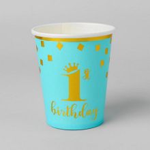 Бумажные стаканчики "1 день рождения", 8 шт (голубой/золотой)