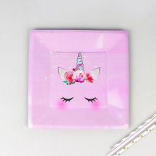 Набор бумажных тарелок "Единорог-цветочный", нежно-розовый (10 шт)( 21,5х21,5 см)